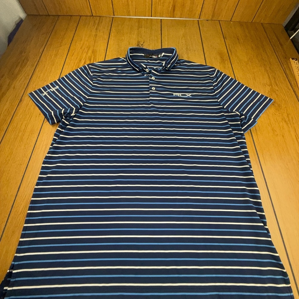 RLX Ralph Lauren Mens Golf Polo Shirt XL Blue White Striped‎ G Fit Performance